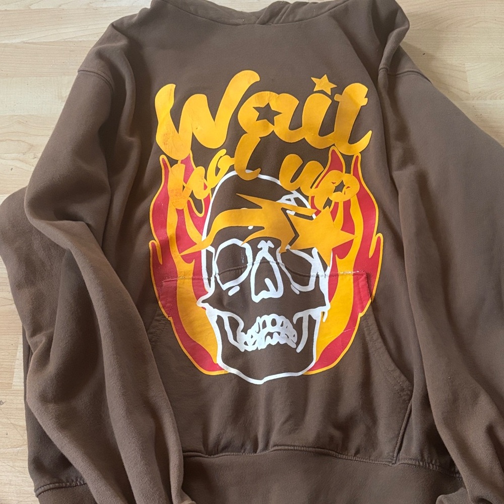 Men's Brown Crewneck Hoodie with Yellow & Red Skull Graphic